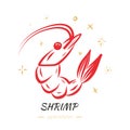 Cocktail Shrimp sketch logo with abstract signs around. Red seafood icon design for restaurant or party promotion Royalty Free Stock Photo