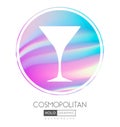 Cocktail silhouette on abstract holographic background. Cosmopolitan cocktail holographic icon