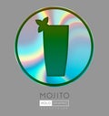 Cocktail silhouette on abstract holographic background. Mojito cocktail holographic icon