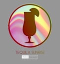 Cocktail silhouette on abstract holographic background. Tequila sunrise cocktail holographic icon