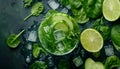 Cocktail of spinach and green vegetables and fruit, drink background, top view Royalty Free Stock Photo