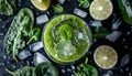 Cocktail of spinach and green vegetables and fruit, drink background, top view Royalty Free Stock Photo