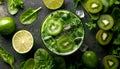 Cocktail of spinach and green vegetables and fruit, drink background, top view Royalty Free Stock Photo