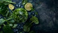 Cocktail of spinach and green vegetables and fruit, drink background, top view Royalty Free Stock Photo