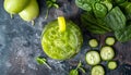 Cocktail of spinach and green vegetables and fruit, drink background, top view Royalty Free Stock Photo
