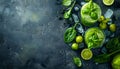 Cocktail of spinach and green vegetables and fruit, drink background, top view Royalty Free Stock Photo