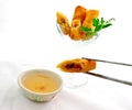 Cocktail springroll with sweet plum sauce Royalty Free Stock Photo