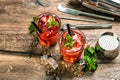 Cocktail with strawberry, mint leaves, ice. Drink making tools Royalty Free Stock Photo