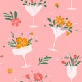 Cocktail summer party seamless pattern with vector illustration of drinking wine, champagne or martini glasses with flowers Royalty Free Stock Photo