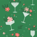 Cocktail summer party seamless pattern with vector illustration of drinking wine, champagne or martini glasses with flowers Royalty Free Stock Photo