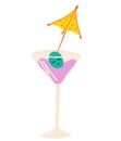 Cocktail. Summer refreshing drink in a glass. Cocktail with olive and umbrella. For printing restaurant menus and stickers. Hand Royalty Free Stock Photo