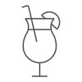 Cocktail thin line icon, summer and beach, tropical drink sign vector graphics, a linear icon on a white background, eps