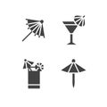 Cocktail umbrella flat glyph icons. Cold summer drinks illustrations, tequila sunrise, cosmopolitan alcohol beverage Royalty Free Stock Photo