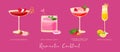 Cocktail vector set for Valentine\'s Day, Mother\'s Day, Women\'s Day. Alcohol Drinks with lemon, fruit Chew, raspberries, sorbet,