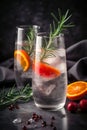 Cocktail of vodka and sprite with ripe fruits and rosemary Illustration AI Generative