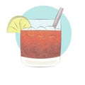 Cocktail whiskey cola with lemon wedge and straw