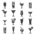 Cocktails assortment bold black silhouette icons set isolated on white. Summer beverages in glass cup. Royalty Free Stock Photo