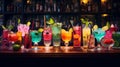 Cocktails at the bar, night out, cold refreshing colourful drinks