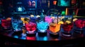 Cocktails at the bar, night out, cold refreshing colourful drinks