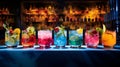 Cocktails at the bar, night out, cold refreshing colourful drinks