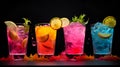 Cocktails at the bar, night out, cold refreshing colourful drinks