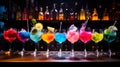 Cocktails at the bar, night out, cold refreshing colourful drinks