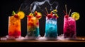 Cocktails at the bar, night out, cold refreshing colourful drinks