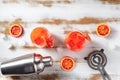 Cocktails with blood oranges, a shaker, and a strainer Royalty Free Stock Photo