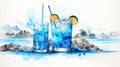 Cocktails Blue Lagoon illustration. 2 Glasses of blue lagoon cocktail on background with palms. Horizontal format. illustration Ai