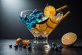 Cocktails with blueberries, orange and lemon on black background. ai generated