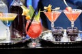 Cocktails and Bottles in restaurant bar counter Royalty Free Stock Photo