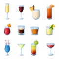 Cocktails. Cartoon alcohol beverages in different glasses for bar or restaurant menu. Bright shots and long drinks with