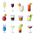 Cocktails. Cartoon alcohol beverages in different glasses for bar or restaurant menu. Bright shots and long drinks with straw or