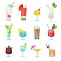 Cocktails collection. Alcoholic summer drinks liquid food in glasses mojito vodka sambuca martini vector set