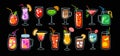 Cocktails collection, summer cold drinks. Fruit smoothies, milkshakes, juice, lemonade colored icons set. Cartoon flat