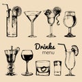 Cocktails, drinks and glasses for bar, restaurant, cafe menu. Hand drawn alcoholic beverages vector illustrations set. Royalty Free Stock Photo