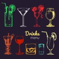 Cocktails, drinks and glasses for bar, restaurant, cafe menu. Hand drawn alcoholic beverages vector illustrations set. Royalty Free Stock Photo