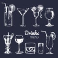 Cocktails, drinks and glasses for bar, restaurant, cafe menu. Hand drawn alcoholic beverages vector illustrations set. Royalty Free Stock Photo