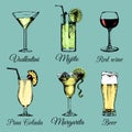 Cocktails drinks and glasses. Hand sketched alcoholic beverages. Vector set of illustrations, pina colada,margarita etc.