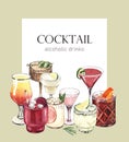 Cocktails drinks: martini, gin, margarita, rum, negroni, martini, tequila, dragon. Watercolor hand-drawn illustration Royalty Free Stock Photo