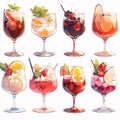 Cocktails with fruits and berries in wine glasses. Vector illustration Royalty Free Stock Photo