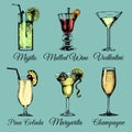 Cocktails and glasses. Hand sketched alcoholic beverages. Vector set of drinks illustrations, margarita, mojito etc. Royalty Free Stock Photo