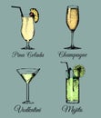 Cocktails and glasses. Hand sketched color alcoholic beverages. Vector set of drinks illustrations,Vodkatini,Mojito etc. Royalty Free Stock Photo