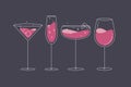 Cocktails glasses manhattan champagne wine daiquiri flat line dark blue
