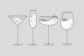 Cocktails glasses manhattan champagne wine daiquiri flat line grey