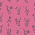 cocktails hand drawn seamless pattern in doodle. cafe, bar,restaurant, drinks, summer. textile design, menu, wrapping