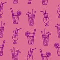 cocktails hand drawn seamless pattern in doodle. cafe, bar,restaurant, drinks, summer. textile design, menu, wrapping