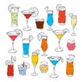 Cocktails hand drawn set in sketch style. Alcoholic drinks in different glass isolated on white background.Beverage