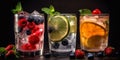 Cocktails with ice, lemon and fruit, served in glasses and glasses, dark background.