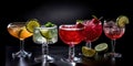 Cocktails with ice, lemon and fruit, served in glasses and glasses, dark background.